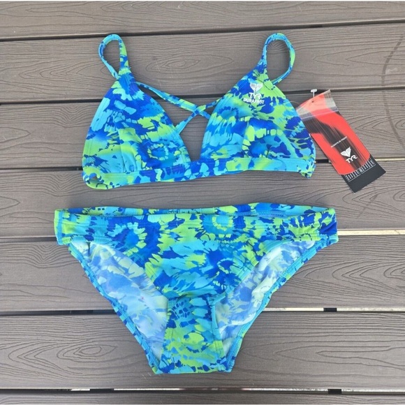 TYR Durafast Women's Groovy  Blue Triangle Top Workout Bikini Set Sz L 38 NEW - Picture 1 of 3